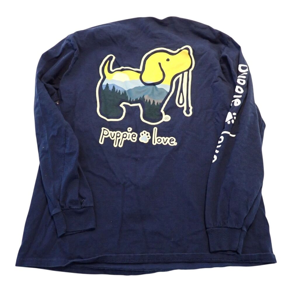 Puppie Love Shirt Large Navy Blue Long Sleeve Mountain Landscape Graphic Dog Tee